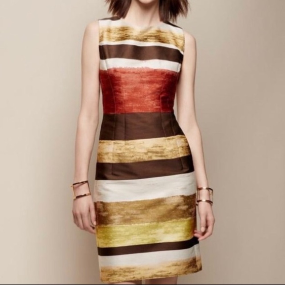Lafayette 148 New York Striped Sheath Dress - Red, Brown, Gold, White